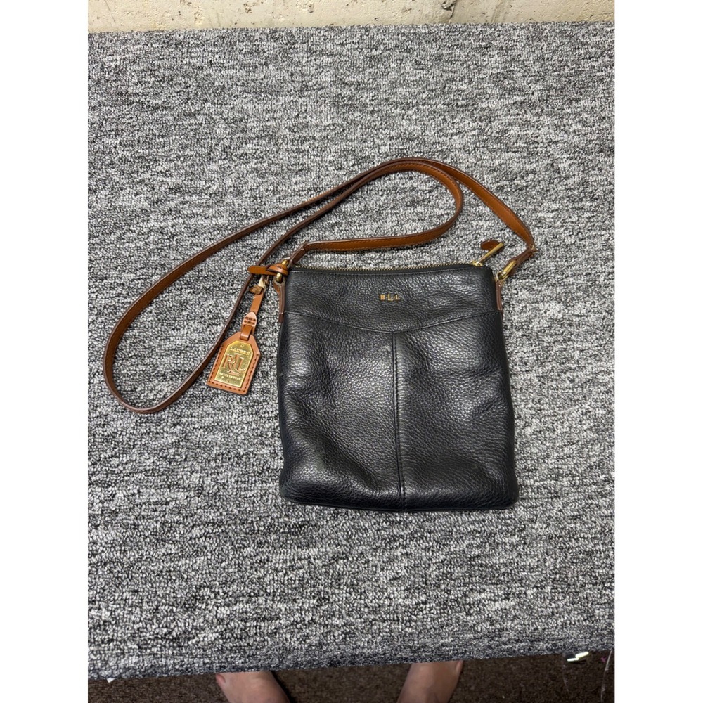 Lauren Ralph Lauren Black Pebbled Leather Crossbody Bag Gold Hardware Brown Trim